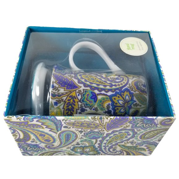 Lidded Tall 8oz Coffee Mug Gift Box Porcelain Blue/Yellow Paisley Floral B&N Mug - Picture 10 of 12